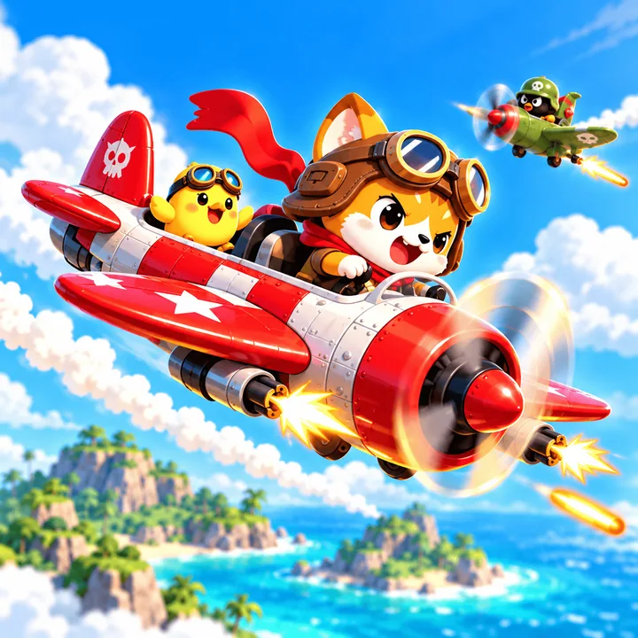 Chipru the aviator cat and Jo the yellow chick flying their red plane over tropical islands